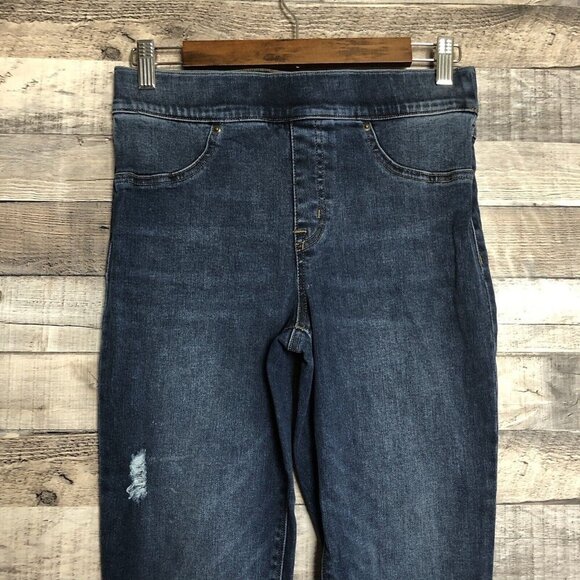 SPANX Distressed Ankle Skinny Jeans, Sz M, Medium Wash, Raw Hem, Stretch Pull on - Picture 3 of 11